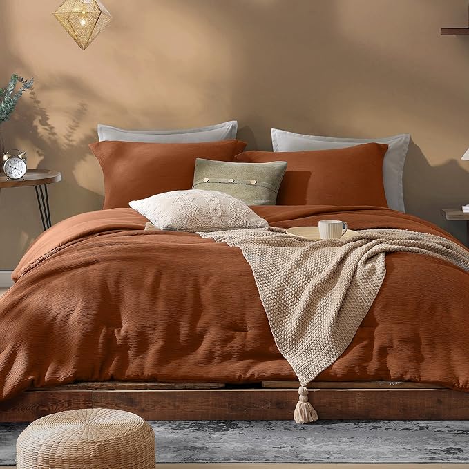 Burnt Orange Queen Comforter Set, Minimalist Lightweight Comforter for Crinkle Design Queen Bed Set, Bedding Queen Size, 3 Piece with Modern Comforter & Shams (Queen, 90"x90") - LeafyLoom