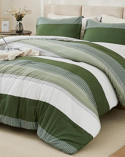 Litanika Olive Green Comforter Set Queen - 3 Pieces Lightweight Olive Green White Colorblock Stripe Fluffy Bedding Comforter Sets, All Season Bed Set - LeafyLoom