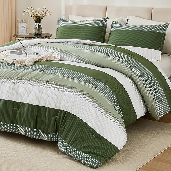 Litanika Olive Green Comforter Set Full - 3 Pieces Lightweight Olive Green White Colorblock Stripe Fluffy Bedding Comforter Sets, All Season Bed Set - LeafyLoom