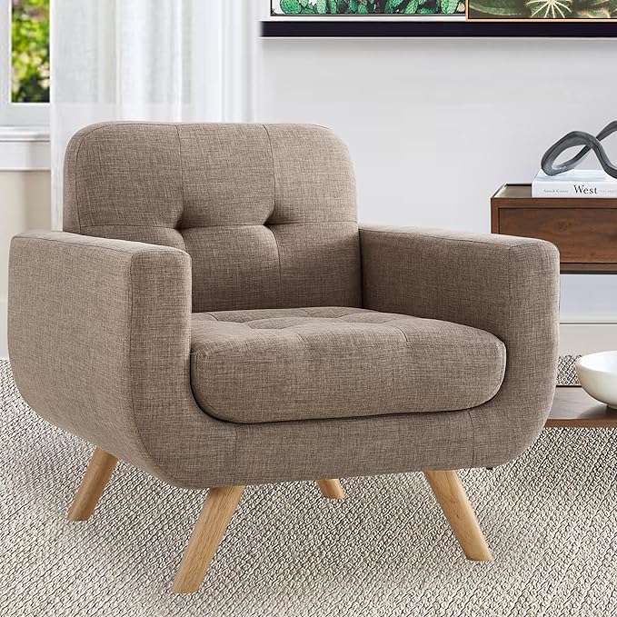 ROSEVERA Elena Contemporary Accent Armchair with Linen Upholstery Living Room Furniture, Brown - LeafyLoom