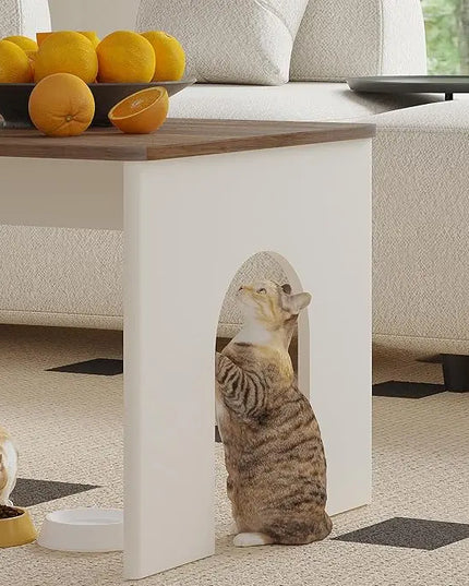 ChooChoo Farmhouse Coffee Table, Cocktail Table Wooden Modern Coffee Table with Opening Cat House for Accent Furniture for Living Room, Meeting Room, Home Decor - LeafyLoom