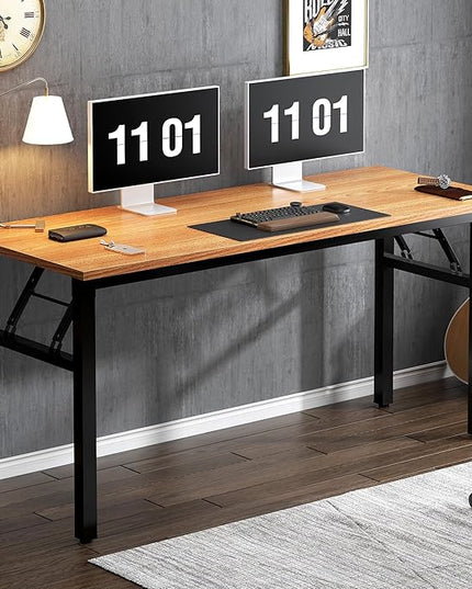 Need Computer Desk Office Desk 55 inches Folding Table Computer Table Workstation No Install Needed,Teak Black AC5BB-140X - LeafyLoom