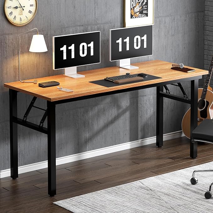 Need Computer Desk Office Desk 55 inches Folding Table Computer Table Workstation No Install Needed,Teak Black AC5BB-140X - LeafyLoom