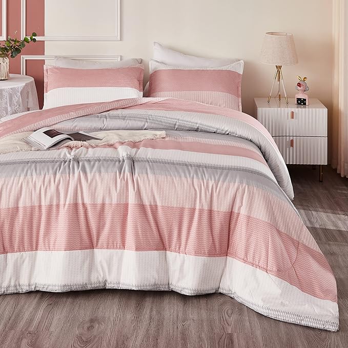 Litanika Pink King Size Comforter Set, 3 Pieces Blush White Colorblock Lightweight Bedding Comforter Set - LeafyLoom