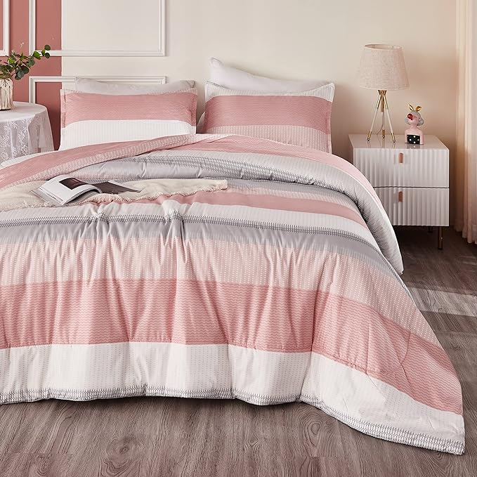 Litanika Pink California King Comforter Set - 3 Pieces Blush Cal King Oversized Lightweight Summer Colorblock Stripe Bedding Set (104x96In, 2 Pillowcases) - LeafyLoom