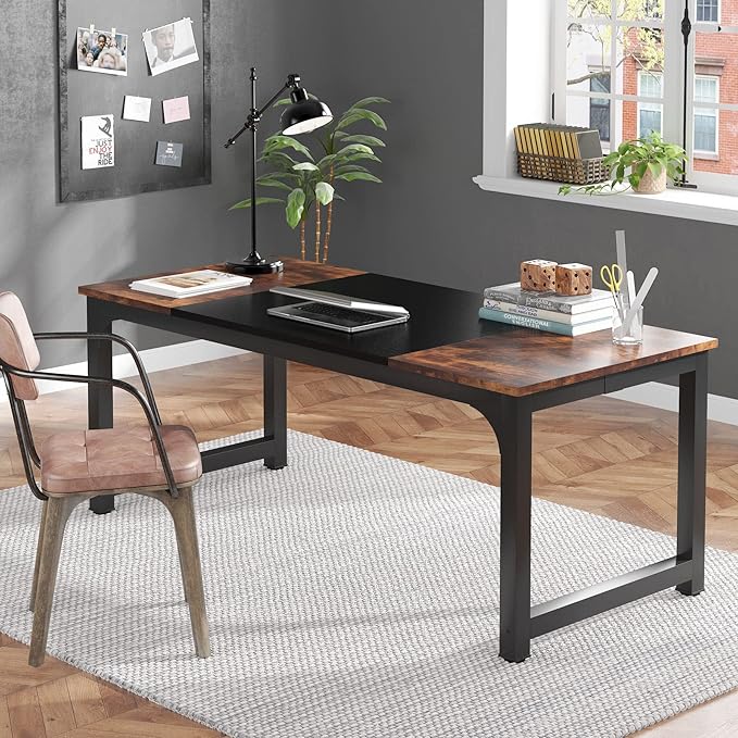 Tribesigns Modern Computer Desk, 70.8 x 31.5 inch Large Office Desk Computer Table Study Writing Desk Workstation for Home Office, Black Metal Frame - LeafyLoom