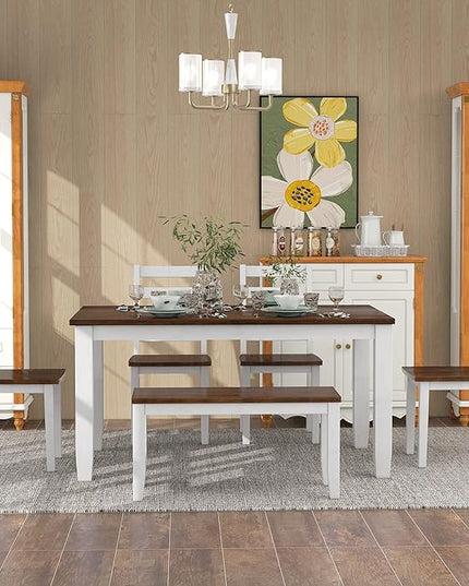 Retro Rustic Style, Including 4 Upholstered Chairs, 1 Bench, Room, Home Bar, and Kitchen,Walnut + Cottage White, 6 Piece Dining Table Set - LeafyLoom