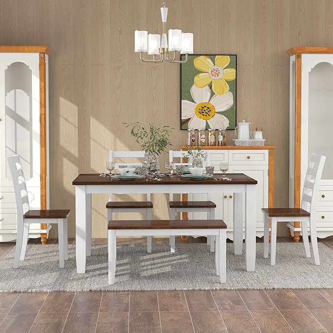 Retro Rustic Style, Including 4 Upholstered Chairs, 1 Bench, Room, Home Bar, and Kitchen,Walnut + Cottage White, 6 Piece Dining Table Set - LeafyLoom