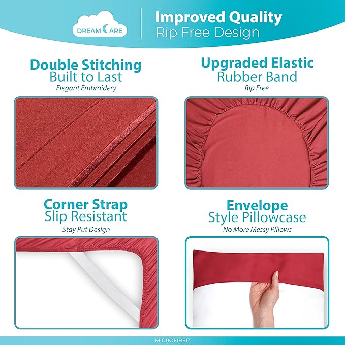 DREAMCARE Twin XL Sheet Sets - Cooling Bed Sheets - 4pcs Set - up to 15" Deep Pocket Twin XL Sheets - XL Twin Sheet Set – Soft & Long Lasting 100% Fine Brushed Polyester with Side Pocket - Burgundy - LeafyLoom