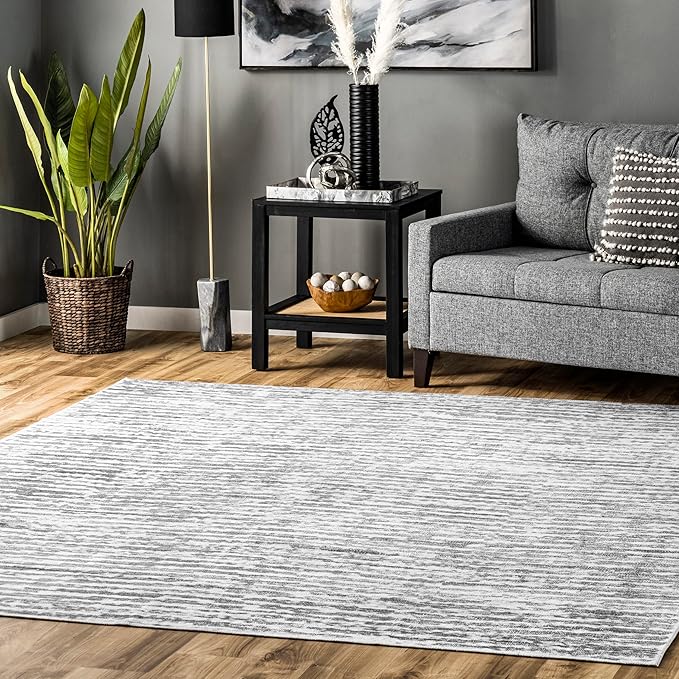 nuLOOM Avelina Abstract Stripes Machine Washable Ultra Thin Area Rug, 6' x 9', Light Grey - LeafyLoom