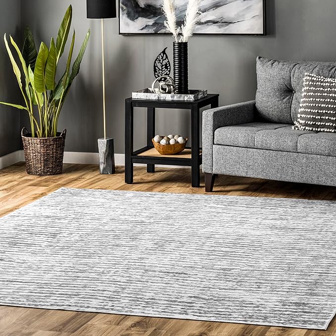 nuLOOM Avelina Abstract Stripes Machine Washable Ultra Thin Area Rug, 5' x 8', Light Grey - LeafyLoom