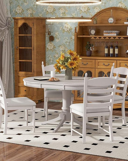 5-Piece Vintage Round Wood Extendable Dining, Kitchen Table Set with 4 Cushioned Chairs, Charming Antique White, Onesize - LeafyLoom