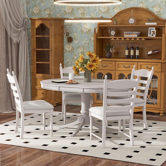 5 Pieces Kitchen & Dining 4 with Round Extendable Table and Four Upholstered Chairs, Retro Rustic Style Home Furniture Tαble Sets Breakfast Corner for Small Spaces, Living Room, Antique White - LeafyLoom