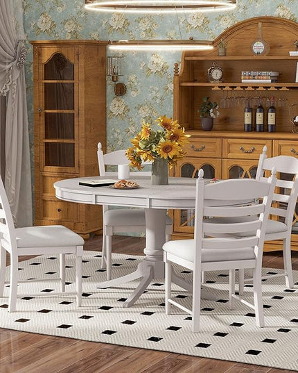 5-Piece Dining, Vintage Round Wood Extendable Table Set with 4 Cushioned Chairs for Living Kitchen Room, Antique White - LeafyLoom