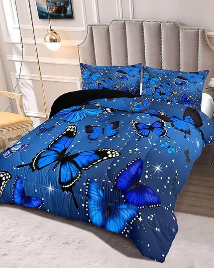 Butterfly Bedding Set for Girls, Butterfly Comforter, Blue Butterflies with Sparkle Stars Prints Comforter Set for Women Girls Butterfly Bedding Queen Size Quilt Sets, 1 Comforter + 2 Pillowcases - LeafyLoom