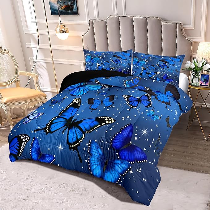 Butterfly Bedding Set for Girls, Butterfly Comforter, Blue Butterflies with Sparkle Stars Prints Comforter Set for Women Girls Butterfly Bedding Queen Size Quilt Sets, 1 Comforter + 2 Pillowcases - LeafyLoom
