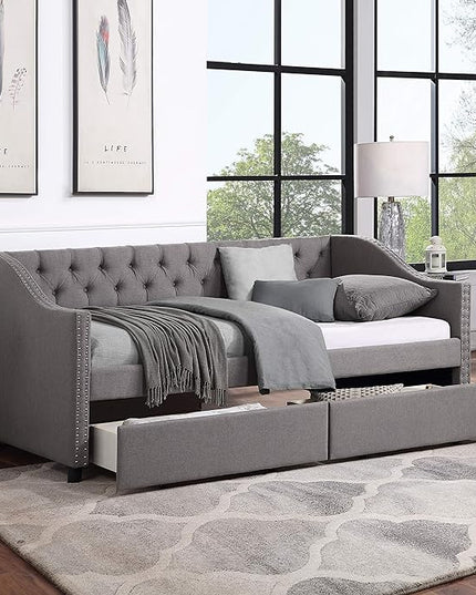 Twin Size Upholstered Linen Fabric Daybed with Two Drawers,Wooden Storage Bed Frame,W/Diamond-Tufted Backrest & 2 Armrests,Wood Slat Support,for Living Room Bedroom,Gray - LeafyLoom
