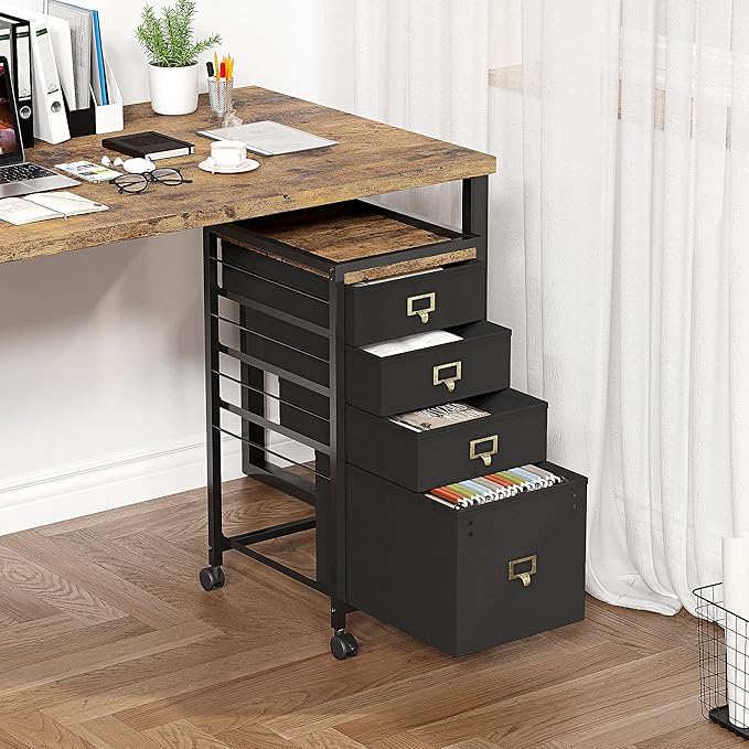 Vertical Mobile Filing Cabinet Fits A4 or Letter Size, Rustic Black - LeafyLoom