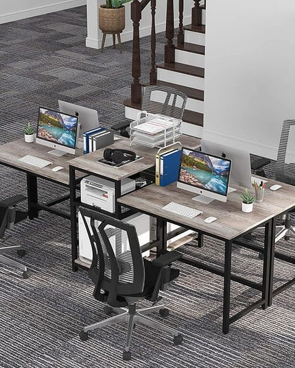 Tribesigns Extra Long Two Person Desk with Storage Shelves, 96.9 inch Double Computer Desks with Printer Shelf for 2 People, Rustic Writing Desk Workstation for Home Office - LeafyLoom
