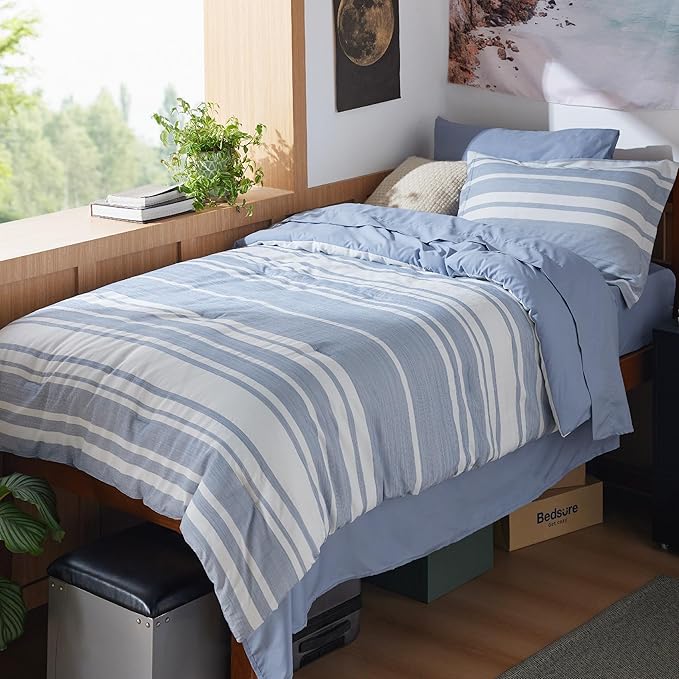 Bedsure Extra Long Twin XL Comforter Set, Twin XL Bedding Set, Navy Blue All Season Dorm Room Essentials with 1 Pillow Sham, Flat Sheet, Fitted Sheet and 1 Pillowcase - LeafyLoom