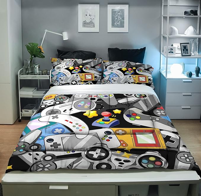 Sunnycitron Gaming Comforter for Boys Teen Gamer Comforter Full Size Gaming Bedding Kids Bed Comforter set Boys Bedding quilt Down Alternative Comforter Game Room Decor,1 Comforter +2Pillowcase - LeafyLoom