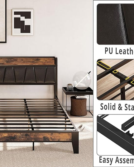 LIKIMIO King Bed Frame, Storage Headboard with Charging Station, Solid and Stable, Noise Free, No Box Spring Needed, Easy Assembly (Vintage and Black) - LeafyLoom
