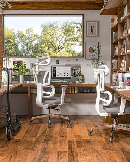 C19 Ergonomic Mesh Office Chair with Adjustable Height Lumbar Support，3D Armrest & Headrest，Tilt Function，Blade Wheel for High Back Desk Chair，Swivel Big and Tall Computer Chair (White) - LeafyLoom