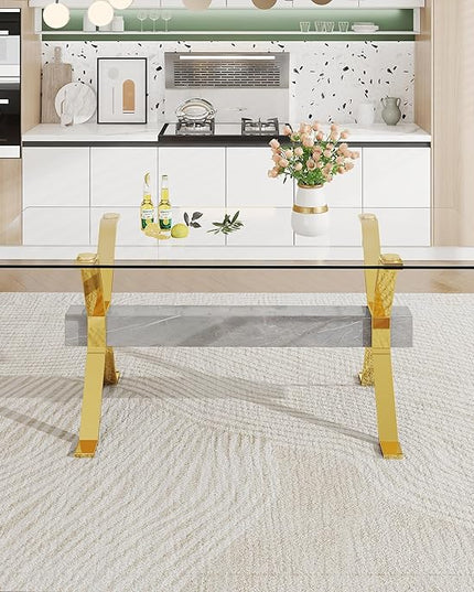 Rectangular Table with Tempered Glass Tabletop,Modern Dinner Desk W/Metal Tubular Legs, Home,Kitchen,Dining Room,Office,Gold, 79" Marble Color Crossbars - LeafyLoom