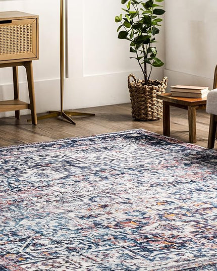 nuLOOM Kasi Vintage Persian Machine Washable Ultra Thin Area Rug, 5' x 8', Blue - LeafyLoom
