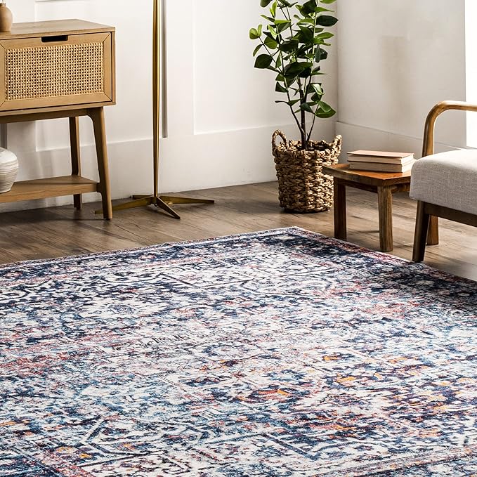 nuLOOM Kasi Vintage Persian Machine Washable Ultra Thin Area Rug, 5' x 8', Blue - LeafyLoom