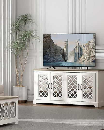 Galano Millicent TV Stand for 65+ Inch TV, 29" Tall Highboy Entertainment Center with Mirror Door, Rustic Media Console w/Storage Shelves, Wood Television Stand for Living Room, Ivory Knotty Grey Oak - LeafyLoom