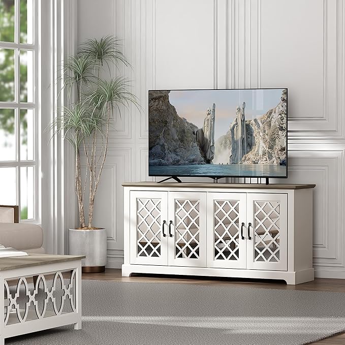 Galano Millicent TV Stand for 65+ Inch TV, 29" Tall Highboy Entertainment Center with Mirror Door, Rustic Media Console w/Storage Shelves, Wood Television Stand for Living Room, Ivory Knotty Grey Oak - LeafyLoom