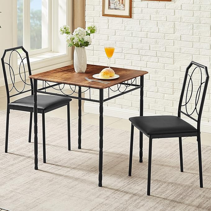 VECELO 3 Pieces Sets,43.3" Table&Chairs for 2,Industrial Counter Height Tabletop with Bar Stools, Rectangle Breakfast Chairs, Living Room, Apartment, Dining Table for 2, Brown - LeafyLoom