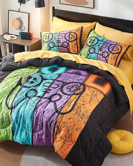 SLEEP ZONE Kids Bedding Comforter Set Full/Queen Size - Super Cute Game Bedding Set for Boys, Girls, Teens - 7 Pieces Set with Comforter, Sheet, Pillowcase & Sham (Game Night) - LeafyLoom