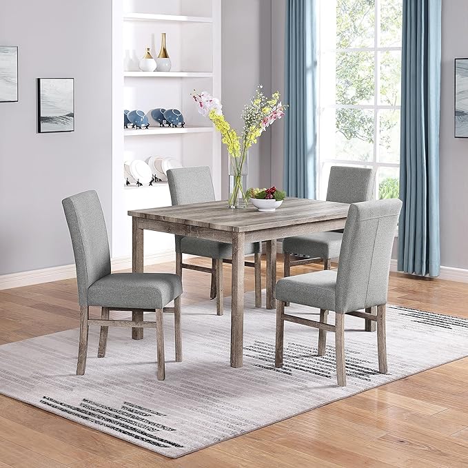 RITSU Modern 5 Pcs Set, Including Solid Wood Rectangle Table, 4 Upholstered Dining Chairs and Bench, for Kitchen, Living Room, Small Apartment, Antique Yellow+Gray - LeafyLoom