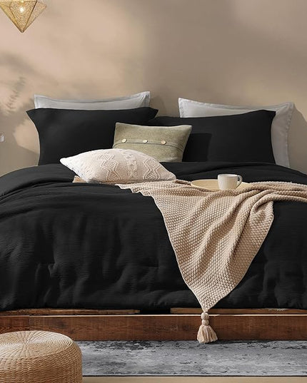 Black King Size Comforter set, Lightweight Comforter for Crinkle Design King Bedding Set, Bed Sets King 3 Piece with Minimalist Comforter & Shams (King, 102"x90") - LeafyLoom