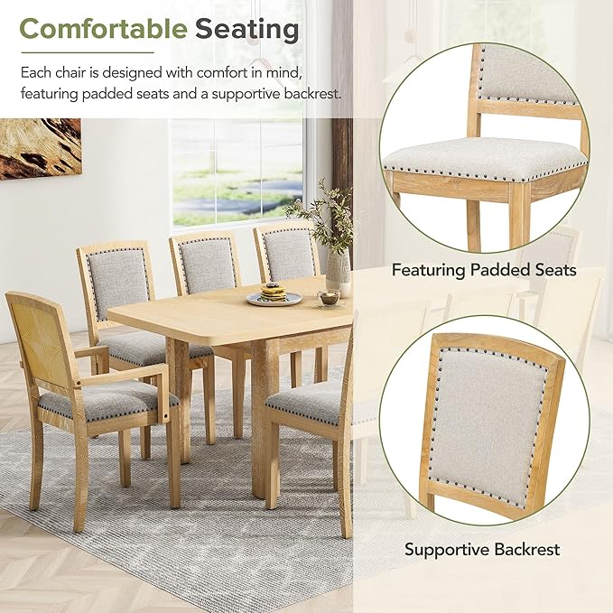 NicBex Dining Table Kitchen & Dining Room Tables Rustic Extendable 84Inch Dining Table Set with 24Inch Removable Leaf, 6 Upholstered Armless Dining Chairs and 2 Padded Chairs, Natural+Grey - LeafyLoom