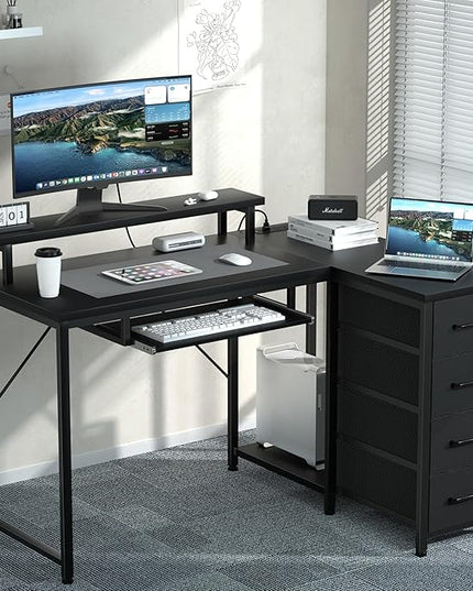 Black L Shaped Desk with Drawers, Corner Desk with LED Light & Power Outlet, 47" Computer Desk with Monitor Stand & CPU Stand, for Home Office Small Space - LeafyLoom