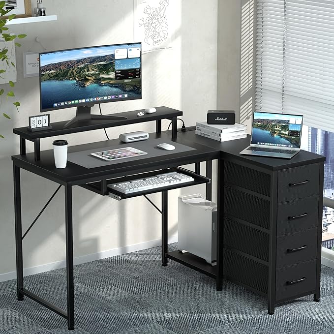 Black L Shaped Desk with Drawers, Corner Desk with LED Light & Power Outlet, 47" Computer Desk with Monitor Stand & CPU Stand, for Home Office Small Space - LeafyLoom