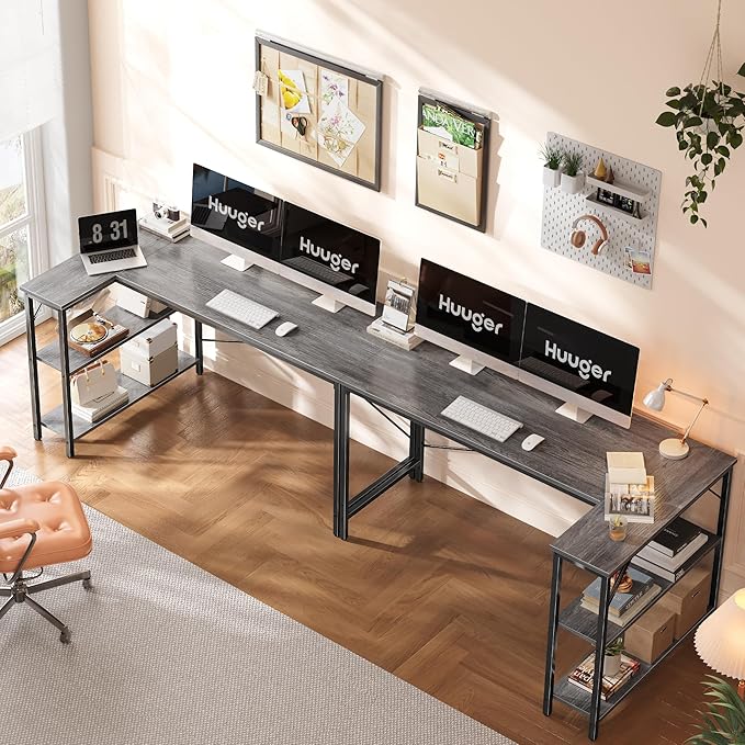L Shaped Desk, 55 Inches Computer Desk with Reversible Storage Shelves, Gaming Desk, Corner Desk Home Office Desks, Writing Desk Study Desk with Metal Frame, Gray - LeafyLoom