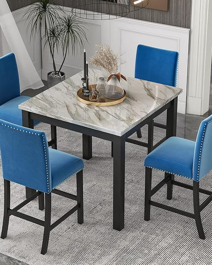 5-piece Counter Height Dining Set One Faux Marble Table and 4 Upholstered-Seat Chairs for Kitchen and Living Room Furniture, Blue - LeafyLoom