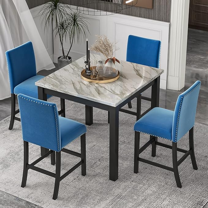 5-piece Counter Height Dining Set One Faux Marble Table and 4 Upholstered-Seat Chairs for Kitchen and Living Room Furniture, Blue - LeafyLoom
