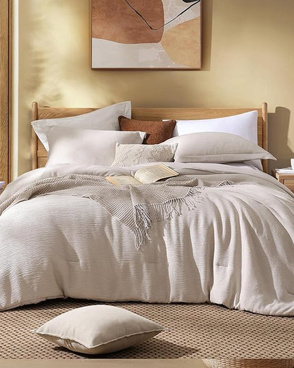 Dark Beige King Size Comforter Set, 3 Piece Summer Bedding for Textured Crinkle King Comforter Set, King Bedding Set with Minimalist Lightweight Comforter & Shams (King, 102"x90") - LeafyLoom