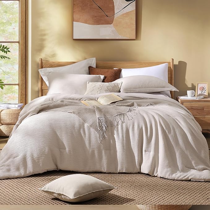 Dark Beige King Size Comforter Set, 3 Piece Summer Bedding for Textured Crinkle King Comforter Set, King Bedding Set with Minimalist Lightweight Comforter & Shams (King, 102"x90") - LeafyLoom