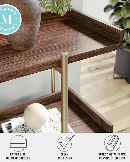Martha Stewart Emmett 3 Shelf Bookcase with Vertical Metal Frame, Home Office Storage Display Unit, 35"H, Walnut Wood Grain/Polished Brass - LeafyLoom
