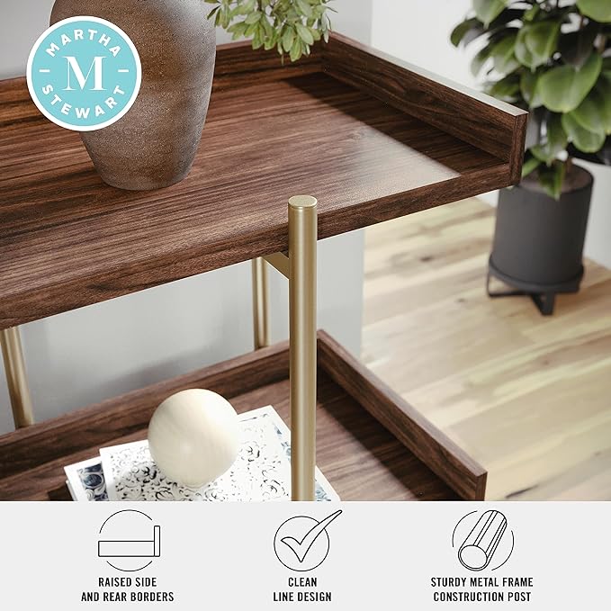 Martha Stewart Emmett 3 Shelf Bookcase with Vertical Metal Frame, Home Office Storage Display Unit, 35"H, Walnut Wood Grain/Polished Brass - LeafyLoom