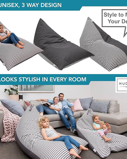 HUDDLE Original Stuffed Animal Bean Bag Storage Extra Large Designer Beanbag Chairs for Kids Teens & Adults | Instant Clutter Clear for Stylish Moms - Stuffed Animal Storage Bean Bag Chair Grey Stripe - LeafyLoom