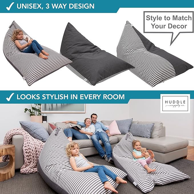 HUDDLE Original Stuffed Animal Bean Bag Storage Large Designer Beanbag Chairs for Kids Teens & Adults | Instant Clutter Clear for Stylish Moms - Stuffed Animal Storage Bean Bag Chair Grey Stripe - LeafyLoom