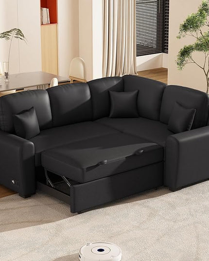 3 in 1 Convertible Sectional Sofa with Pull Out Bed , 87.4" L Shaped Corner Couch with USB Charging Ports & Plug Outlet , Breathable Linen Fabric Conversion Sofabed for Living Room Office Furniture - LeafyLoom