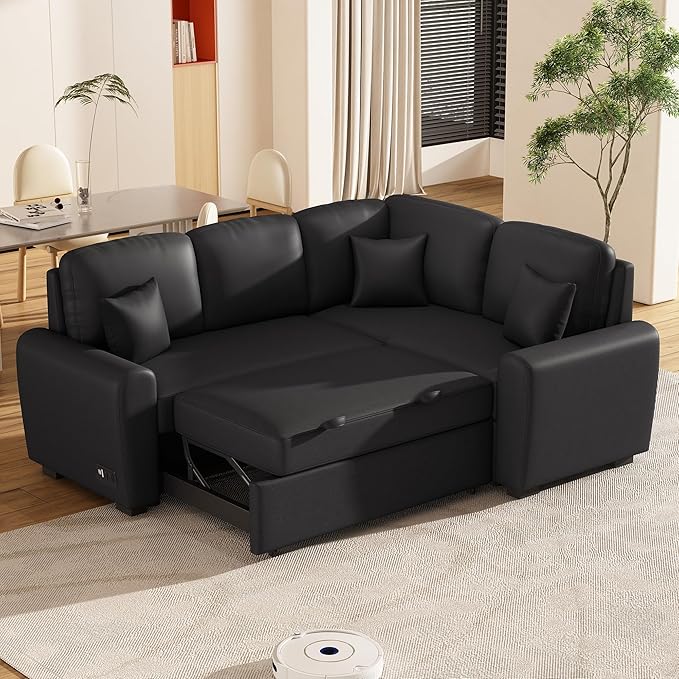3 in 1 Convertible Sectional Sofa with Pull Out Bed , 87.4" L Shaped Corner Couch with USB Charging Ports & Plug Outlet , Breathable Linen Fabric Conversion Sofabed for Living Room Office Furniture - LeafyLoom